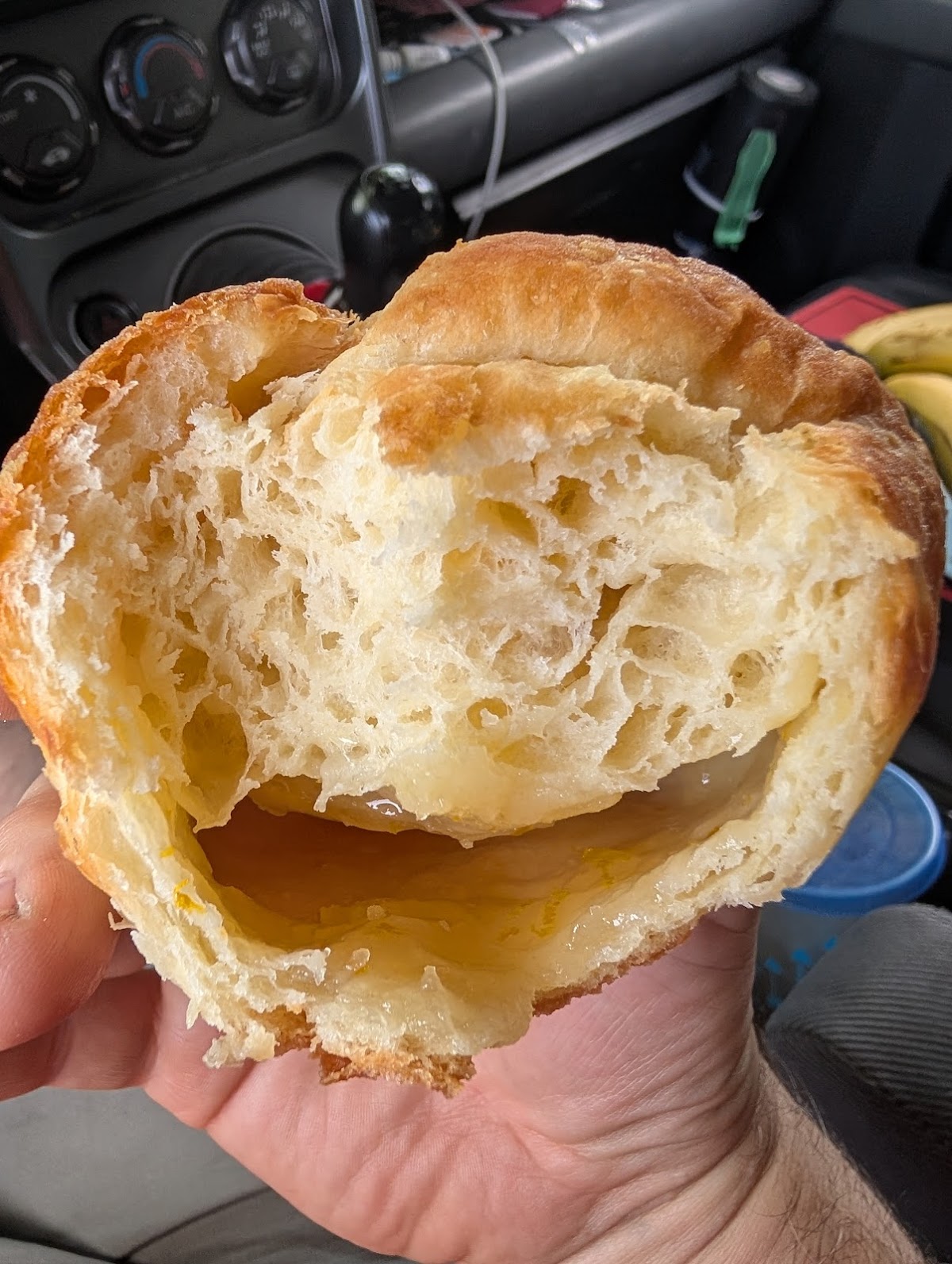 A custard-filled brioche bun, cut to show the soft crumb